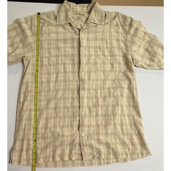 Tommy Bahama Medium Beige Silk Plaid Pattern Short Sleeve Button Down Shirt Men - Picture 13 of 15